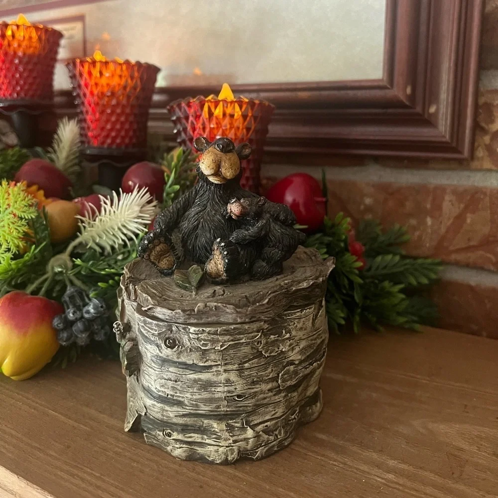 Vintage 1981 Black Bear Cabin Lodge Rustic Trinket Box & Toothbrush Holder Decor